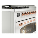 ILVE Nostalgie II 48-Inch  Propane Gas Dual Fuel Range  with 5 Burners, Griddle, & French Top with Triple Glass Door Oven in White with Copper Trim (UP48FSNMPWHP)