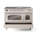 Antique white range with one oven door open, revealing interior heating elements