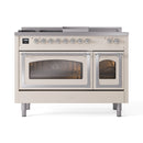 Antique white dual-fuel range with both oven doors closed, glass windows and chrome trims