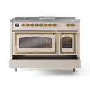 Antique white dual fuel range front view with brass trim, twin glass oven doors, burners