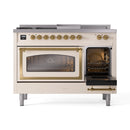 Antique white dual fuel range with one oven door open, brass handle and glass door frame