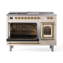 Antique white range with both ovens open, brass handles and interior racks visible
