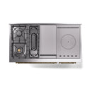 Antique white dual-fuel gas range with French top and side burner layout detail