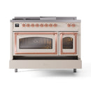 Antique white range with two glass oven doors and copper trim, front view