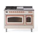 Antique white range with griddle and French top, copper trim, both ovens open