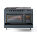 Blue-grey dual-fuel range with bronze trim, closed twin glass ovens, and front control knobs