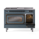 Blue grey range with one oven door open, showing lit interior and bronze handle