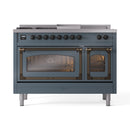 Blue-grey dual-fuel range front with bronze handles, control knobs, and twin glass oven doors