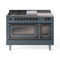 ILVE Nostalgie II Noblesse 48-Inch 5.02 Cu. Ft. Dual Oven Propane Gas Dual Fuel Range with 5 Burners, Griddle, French Top and Triple Glass Door in Blue Grey with Burnished Bronze Trim (UN48FSNMPBGBLP)
