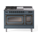 Blue-grey dual-fuel range with bronze trim, five burners, griddle, and dual glass ovens