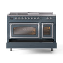 Blue gray dual oven range with two closed oven doors and chrome control knobs