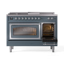 Blue gray range with left oven door open, lit interior racks visible