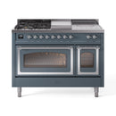 Blue gray dual oven range with cooktop griddle and chrome control knobs along front