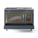 Blue grey dual fuel range with windowed oven doors and brass frame trim, front view