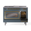 Dual fuel gas range with one oven door open and brass interior racks, blue gray