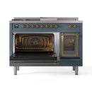 Blue grey dual fuel range with left oven door open, brass trim, visible interior