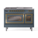 Blue grey dual fuel range with brass-trim oven doors and burner control panel, closed