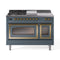 ILVE Nostalgie II Noblesse 48-Inch 5.02 Cu. Ft. Dual Oven Natural Gas Dual Fuel Range with 5 Burners, Griddle, French Top and Triple Glass Door in Blue Grey with Brass Trim (UN48FSNMPBGG)