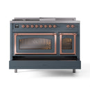Blue grey dual-fuel gas range front view with copper-trimmed oven doors and knobs.