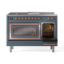 Blue grey gas range with copper trim, main oven door open and control knobs on top.