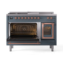 Blue grey gas range with copper trim, both ovens visible with one door open.