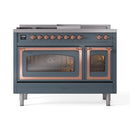 Blue grey dual-fuel gas range with copper trim, oven doors closed, control knobs across top.