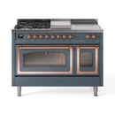 Blue grey dual-fuel gas range with copper trim, two ovens, and side glass doors closed.