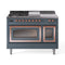 ILVE Nostalgie II Noblesse 48-Inch 5.02 Cu. Ft. Dual Oven Natural Gas Dual Fuel Range with 5 Burners, Griddle, French Top and Triple Glass Door in Blue Grey with Copper Trim (UN48FSNMPBGP)