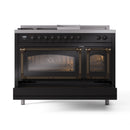 Glossy black dual fuel range with left oven door open and illuminated interior rack