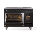 Black dual fuel range with both oven doors open, illuminated cavities, and wire racks