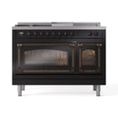 Glossy black dual fuel range with two oven doors open and brass handle hardware