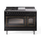 ILVE Nostalgie II Noblesse 48-Inch 5.02 Cu. Ft. Dual Oven Natural Gas Dual Fuel Range with 5 Burners, Griddle, French Top and Triple Glass Door in Glossy Black with Burnished Bronze Trim (UN48FSNMPBKB)