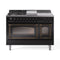 ILVE Nostalgie II Noblesse 48-Inch 5.02 Cu. Ft. Dual Oven Propane Gas Dual Fuel Range with 5 Burners, Griddle, French Top and Triple Glass Door in Glossy Black with Burnished Bronze Trim (UN48FSNMPBKBLP)