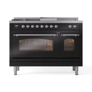 ILVE Nostalgie II 48 inch Propane Gas Range with 8 Sealed Burners, Griddle with Triple Glass Door in Glossy Black with Chrome Trim