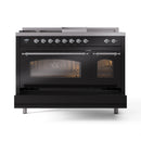 ILVE Nostalgie II 48 inch Propane Gas Range with 8 Sealed Burners, Griddle with Triple Glass Door in Glossy Black with Chrome Trim