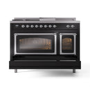 Glossy black dual fuel range front with two glass oven doors and burner knobs