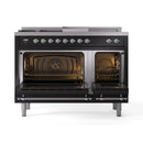 ILVE Nostalgie II 48-Inch Dual Fuel Range with 5 Burners, Griddle, & French Top with Triple Glass Door Oven in Glossy Black with Chrome Trim (UP48FSNMPBKC)