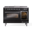 ILVE Nostalgie II 48 inch Propane Gas Range with 8 Sealed Burners, Griddle with Triple Glass Door in Glossy Black with Chrome Trim