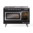 Glossy black dual fuel range with left oven door open and right oven door closed