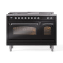 ILVE Nostalgie II 48-Inch Dual Fuel Range with 5 Burners, Griddle, & French Top with Triple Glass Door Oven in Glossy Black with Chrome Trim (UP48FSNMPBKC)
