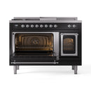 Black dual fuel range with left oven door open and right oven door closed