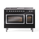 Black dual fuel range front with two oven windows and burner control knobs