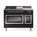 Glossy black dual fuel range with burners, griddle, chrome control knobs, and double oven
