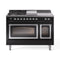 ILVE Nostalgie II Noblesse 48-Inch 5.02 Cu. Ft. Dual Oven Natural Gas Dual Fuel Range with 5 Burners, Griddle, French Top and Triple Glass Door in Glossy Black with Chrome Trim (UN48FSNMPBKC)