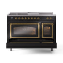 Glossy black dual fuel range with brass-trimmed doors and control knobs across top