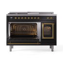 Glossy black dual fuel range with open oven door showing interior racks and broil area