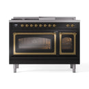 Glossy black dual fuel range with brass control knobs and two glass oven doors