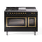 ILVE Nostalgie II Noblesse 48-Inch 5.02 Cu. Ft. Dual Oven Propane Gas Dual Fuel Range with 5 Burners, Griddle, French Top and Triple Glass Door in Glossy Black with Brass Trim (UN48FSNMPBKGLP)