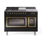 ILVE Nostalgie II Noblesse 48-Inch 5.02 Cu. Ft. Dual Oven Natural Gas Dual Fuel Range with 5 Burners, Griddle, French Top and Triple Glass Door in Glossy Black with Brass Trim (UN48FSNMPBKG)
