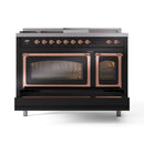 Dual fuel range with two ovens open and copper-trimmed French-style doors, black finish
